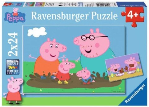 Puzzle 2x24 elementy Świnka Peppa Zabawa w błocie Ravensburger Polska