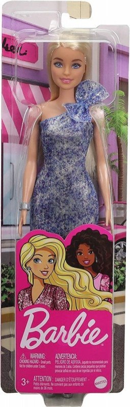 Lalka Barbie blondynka w lśniącej niebieskiej sukni Mattel