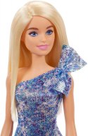 Lalka Barbie blondynka w lśniącej niebieskiej sukni Mattel